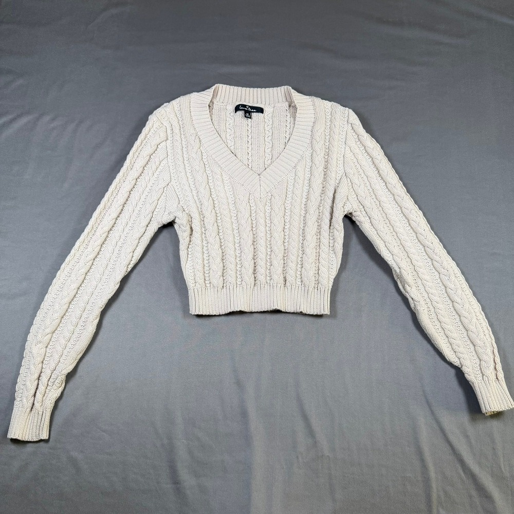 Love Tree W9092 Womens Size M Cream Beige Cable Knit‎ Cropped V-Neck Sweater